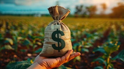 A hand holds out a dollar money bag on a background of a farm field. Lending farmers and agricultural enterprises for purchase land and seed material, equipment modernization Support and subsidies