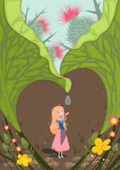 Thumbelina little girl fairy tale character catching drop of dew. Vector cartoon illustration