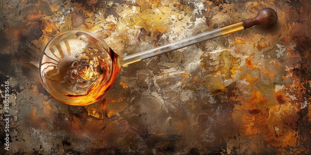 Poster a scientific glass bubble filled with glowing liquid, radiating intense heat and light, creating a v
