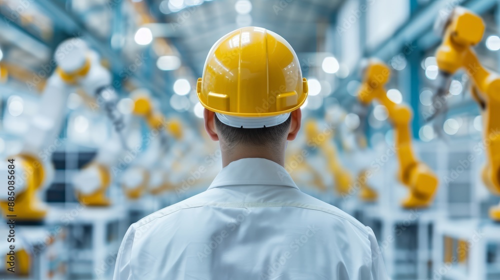 Poster high-resolution image of an engineer managing robotic arms in a modern factory, emphasizing automati