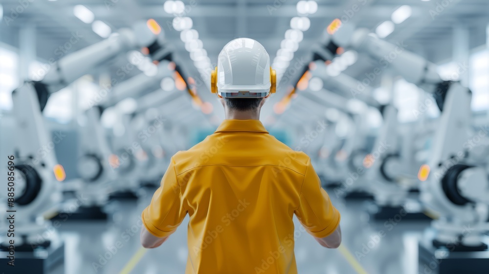 Poster high-resolution image of an engineer managing robotic arms in a modern factory, emphasizing automati