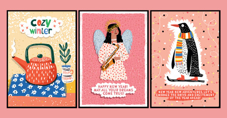 Vector retro posters in cartoon style hand-drawn on the theme of New Year and Christmas greeting cards with kind greetings