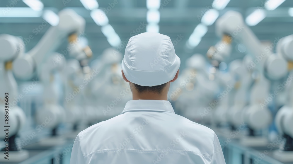 Poster high-resolution image of an engineer managing robotic arms in a modern factory, emphasizing automati