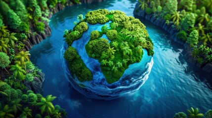 A lush, green representation of Earth surrounded by water, symbolizing nature, sustainability, and environmental conservation.
