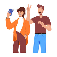 A flat character illustration of friends taking selfie 

