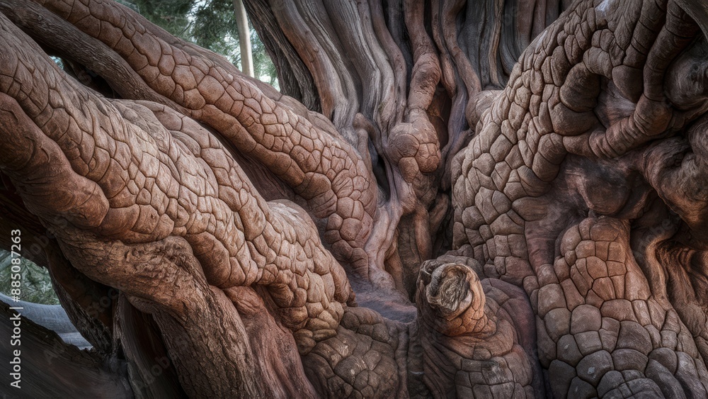 Poster a close up of a tree trunk with many different textures, ai