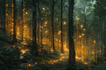Obraz premium Forest with glowing digital lights amidst trees, creating surreal, futuristic landscape, blends natural elements with technology, emphasizing environmental science integration, data visualization.