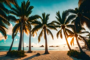 Fototapeta premium Hammrock between two palm trees, summer nature background.