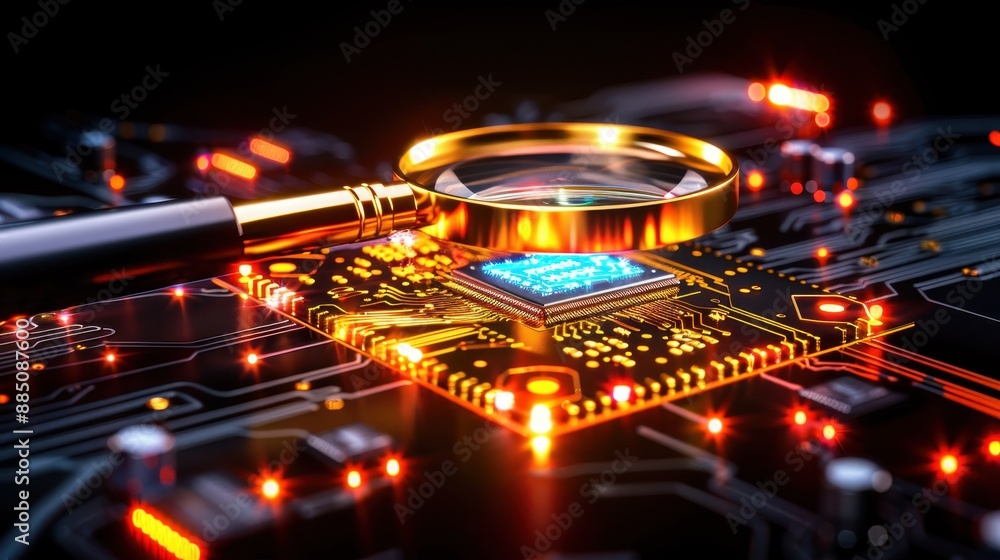 Poster close-up of a microchip on a circuit board illuminated by lights, with a magnifying glass highlighti