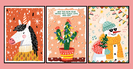 Vector retro posters in cartoon style hand-drawn on the theme of New Year and Christmas greeting cards with kind greetings