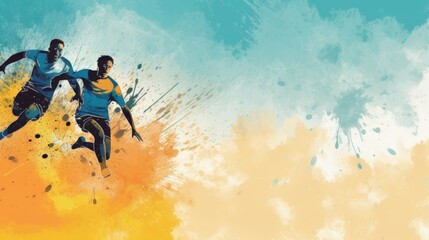 Two men running in a field with a splash of color