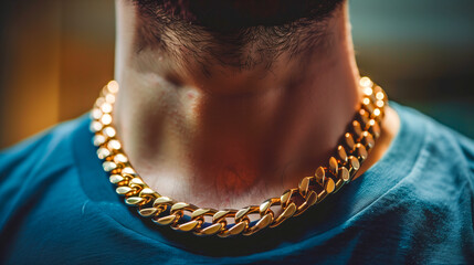 A big gold chain around a man's neck adds a statement of luxury and style to his appearance.


