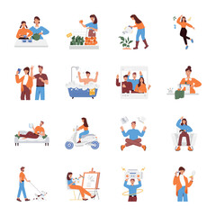 Fototapeta premium Set of 16 Daily Activities Flat Illustrations
