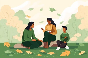Fototapeta premium Three women are sitting on a rock in a park, with a young boy sitting between them. Scene is peaceful and relaxing, as the women and the boy are enjoying each other's company in a natural setting