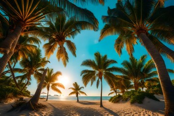 Fototapeta premium Hammrock between two palm trees, summer nature background.