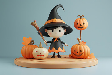 Cartoon little witch sitting on halloween pumpkin with black cat