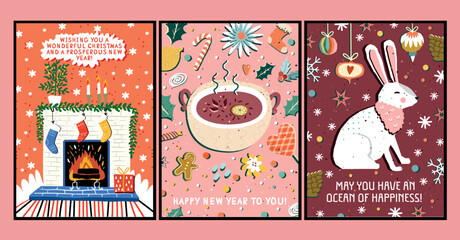 Vector retro posters in cartoon style hand-drawn on the theme of New Year and Christmas greeting cards with kind greetings