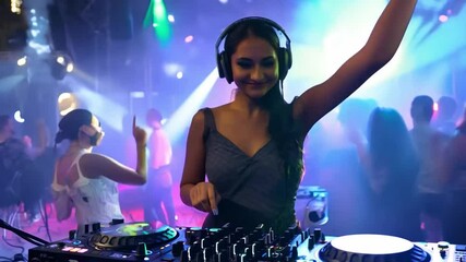 A female DJ plays music in a pub.
