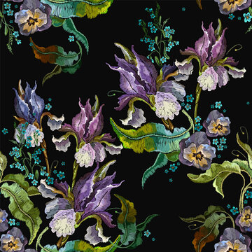 Blue blossoming irises flowers seamless pattern. Embroidery. Fashion floral garden template for clothes, t-shirt. Summer garden background