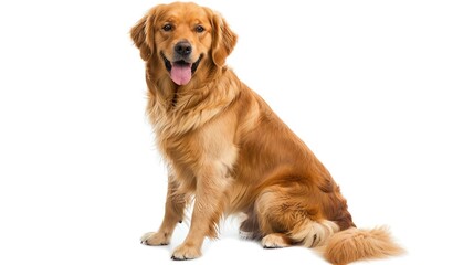A Golden Retriever sitting and wagging its tail, isolated on a white background
