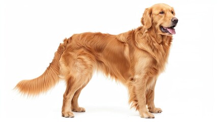 A Golden Retriever standing tall with a proud stance, isolated on a white background