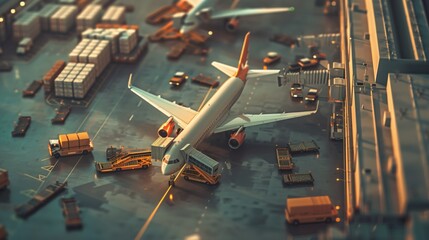 Conceptual photography of a bustling cargo airport with planes being loaded and unloaded with goods, representing the speed and efficiency of air freight transportation