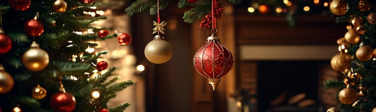 Christmas tree decorated with Christmas ornaments and Christmas lights garlands against bokeh background. Christmas slow motion copy space template web banner
