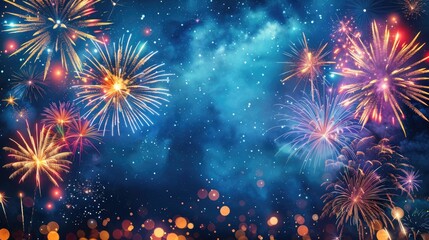 Fototapeta premium New Year's Eve fireworks burst in vibrant colors against a rustic dark blue night sky texture, creating a stunning festive scene