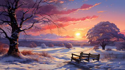 A Snow-covered Bench In A Park With A Beautiful Sunset