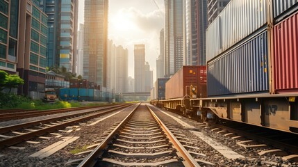 Fototapeta premium Conceptual photography of a train traveling through an urban area with a backdrop of skyscrapers, loaded with shipping containers, representing the integration of rail transport in city logistics