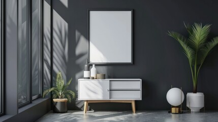 Grey gallery room interior with drawer and decoration, mockup frame