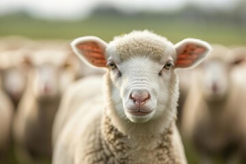 Obraz premium Close-up of a curious sheep in the field with other sheep in the background, capturing the essence of livestock and farming life.