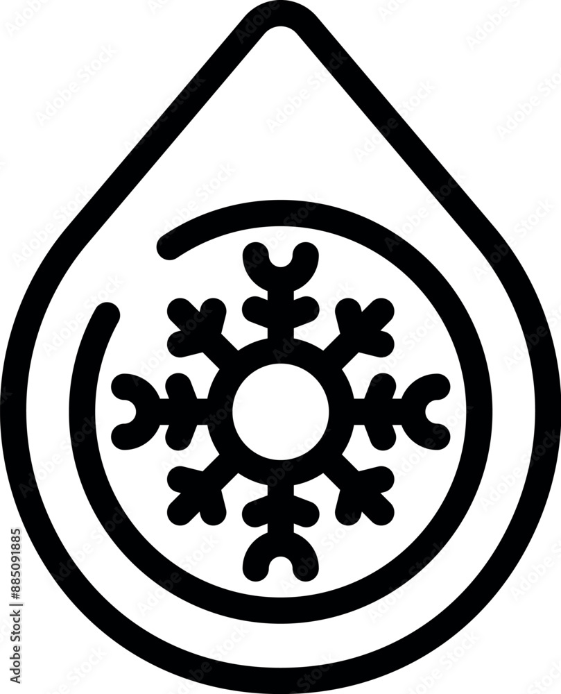 Poster simple black and white icon depicting a snowflake enclosed within a teardrop shape, often used to ma
