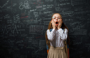 Girl is learning in class on background of blackboard