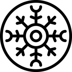 Minimalist black and white line art icon of a stylized snowflake symbolizing the winter solstice