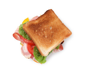 Tasty sandwich with bacon and tomato isolated on white, top view