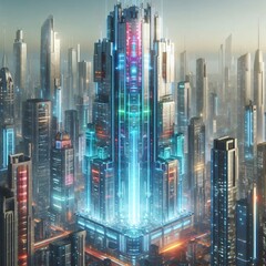 Dazzling urban metropolis skyline at night, illuminated skyscrapers reaching for the sky