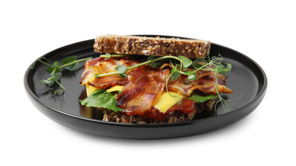 Tasty sandwich with bacon and microgreens isolated on white