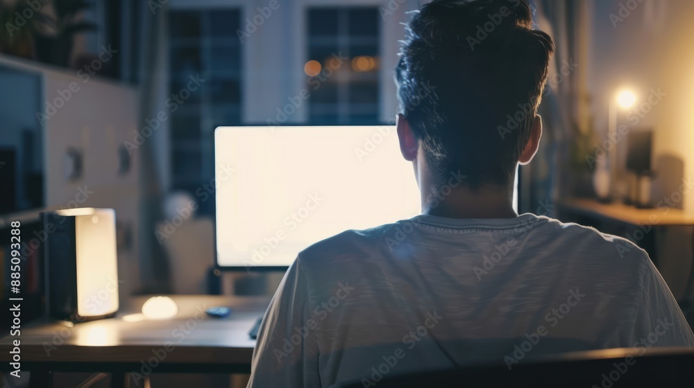 Poster over shoulder shot of a young man using computer laptop in front of an blank white computer screen i