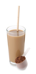 Delicious protein shake in glass and scoop with powder isolated on white