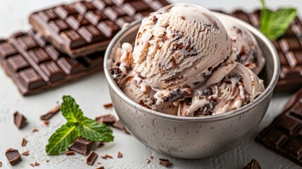 Scoops of creamy chocolate chip ice cream are placed in a rustic metal bowl, with fresh mint leaves and blocks of chocolate enhancing the inviting and delectable presentation.