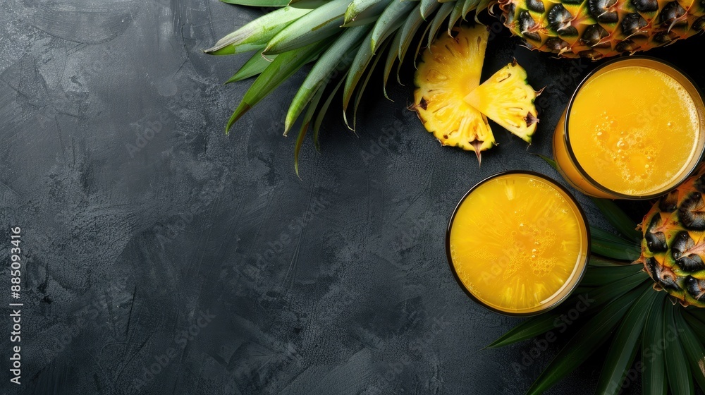 Poster fresh pineapple juice in glass with fruit on black background top view with space for text