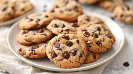 Plate of warm chocolate chip cookies, emphasizing their rich texture and delicious flavor.