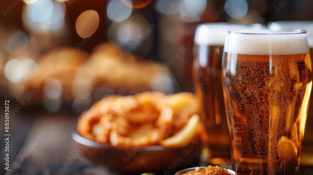Poster this image shows a close-up of beer glasses brimming with golden beer and foam, accompanied by snack