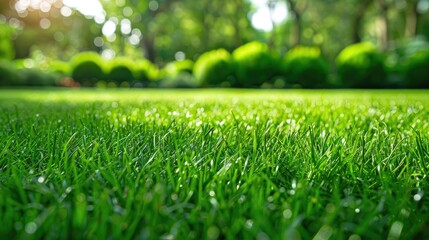 Fresh green spring grass on untrimmed lawn with selective focus and room for text