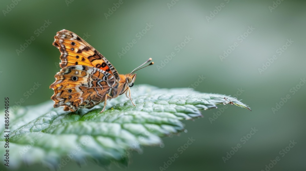 Poster close-up photograph showcasing a small butterfly with complex, beautiful wing patterns, resting on a