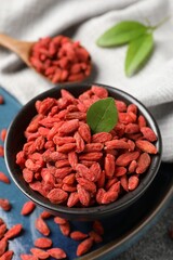 Dried goji berries in bowl on table, closeup