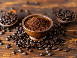 Aromatic Ground Coffee and Coffee Beans on Rustic Wooden Table for Perfect Brew