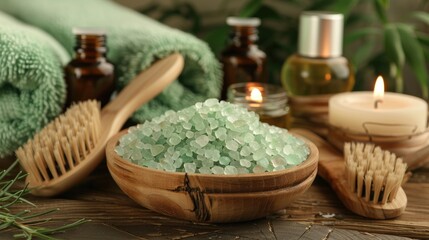 Foot green bath salts wood head massage brush oils and candles body massage brush
