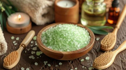 Foot green bath salts wood head massage brush oils and candles body massage brush